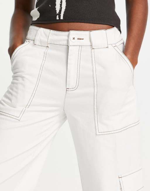 ASOS DESIGN clean cargo pants in white with contrast stitching