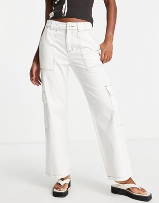 ASOS DESIGN clean cargo trousers in white with contrast stitching