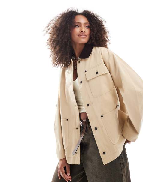 ASOS DESIGN clean cord collar barn jacket in stone - view 1