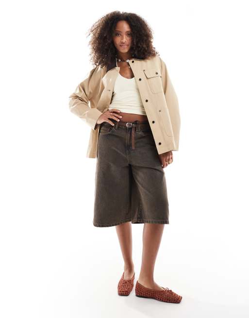 ASOS DESIGN clean cord collar barn jacket in stone