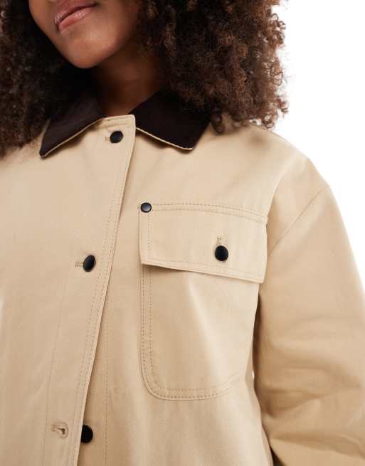 ASOS DESIGN clean cord collar barn jacket in stone, 3 of 4