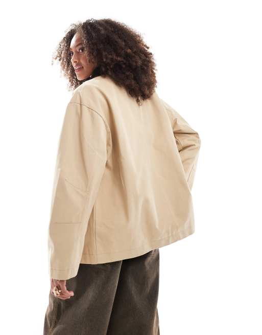 ASOS DESIGN clean cord collar barn jacket in stone