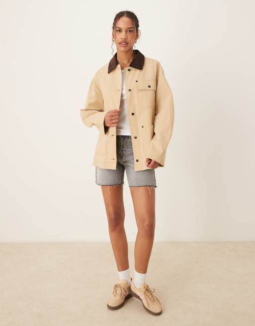 ASOS DESIGN clean cord collar barn jacket in stone