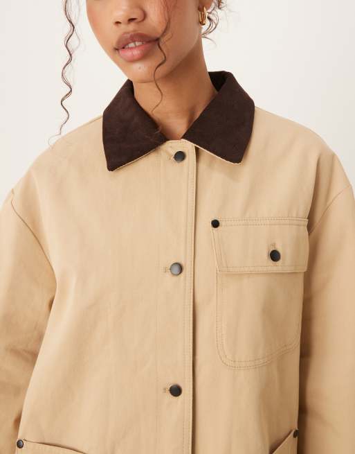 ASOS DESIGN clean cord collar barn jacket in stone