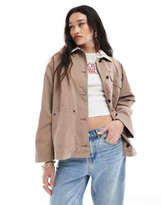 ASOS DESIGN clean cord collar jacket in mushroom