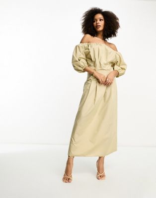 Asos Design Clean Cotton Corset Waist Off Shoulder Maxi Dress In Neutral