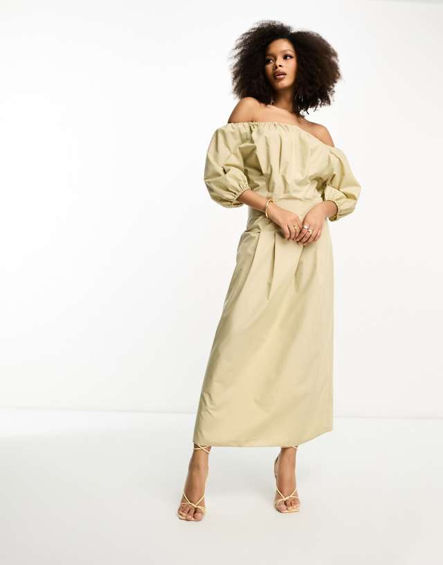 ASOS DESIGN clean cotton corset waist off shoulder maxi dress in neutral