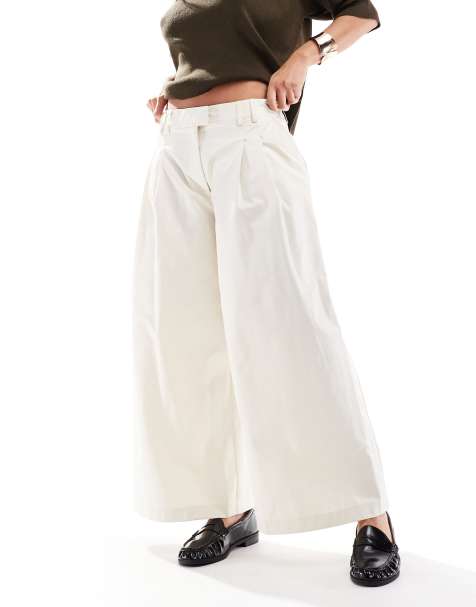 ASOS DESIGN clean cotton cropped wide leg trousers with seam detail in cream - view 1