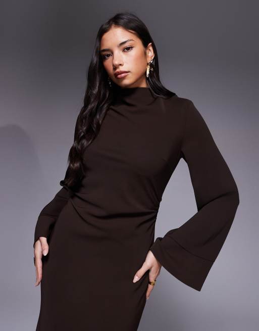 crepe design dress Black & White Crepe Midi Dress With Asymmetric Ruffle Detail