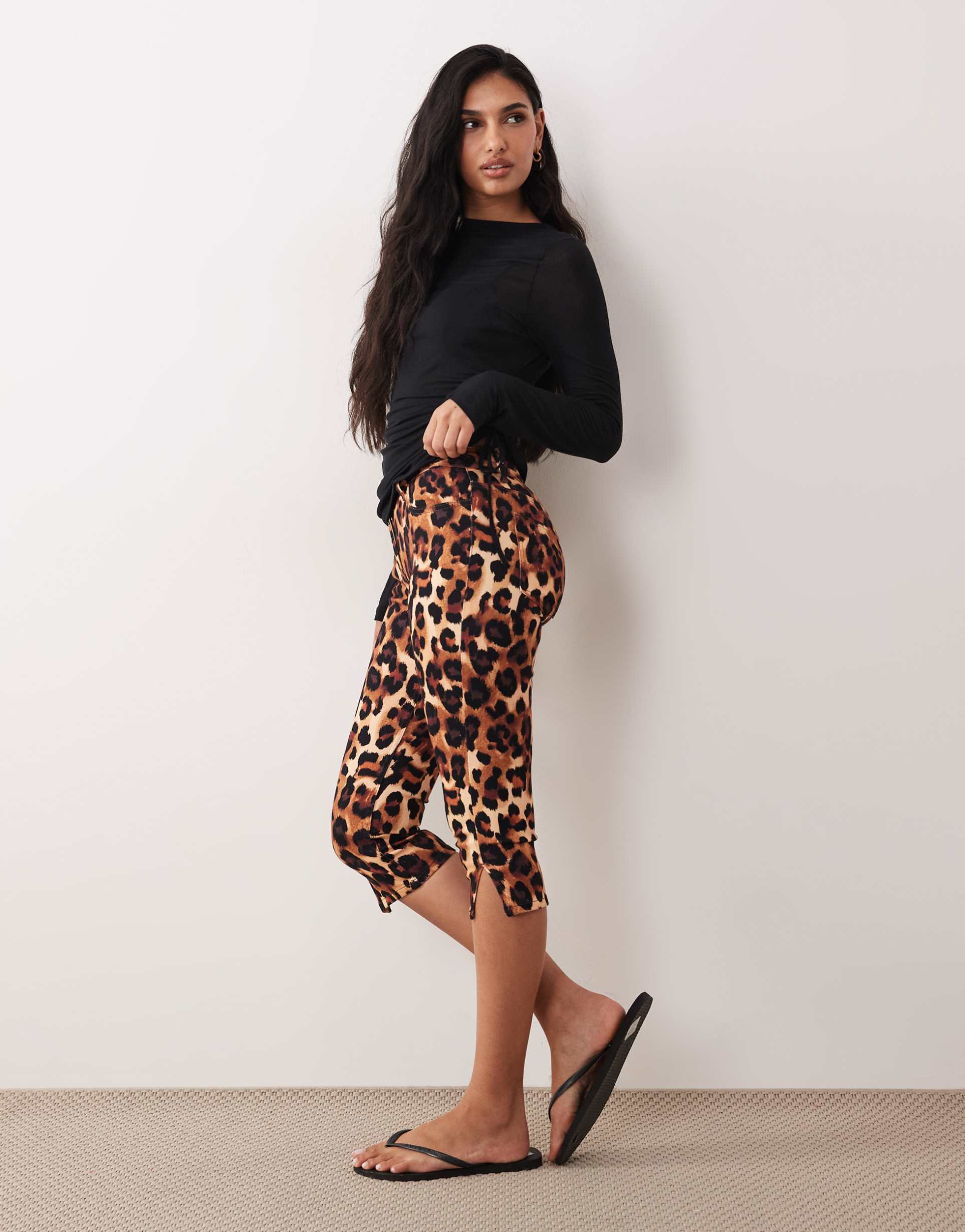 asos design clean denim capri pants in leopard print