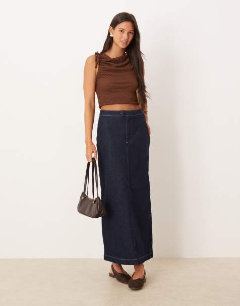 ASOS DESIGN clean denim maxi column skirt in rinse wash