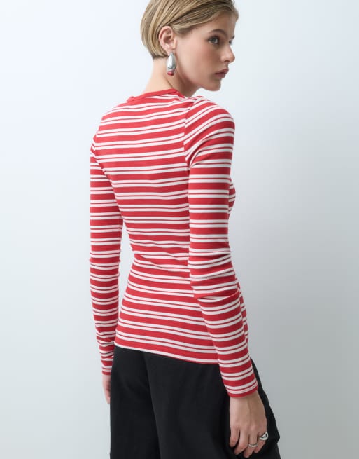 ASOS DESIGN clean fitted long sleeve baby tee in red & white stripe, 4 of 5