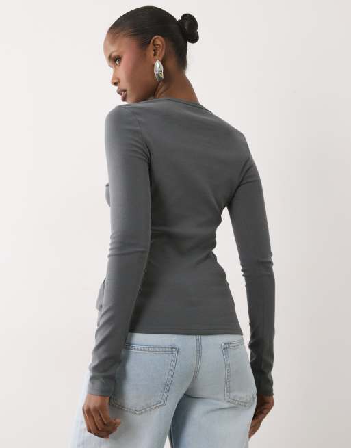 ASOS DESIGN clean fitted long sleeve top in charcoal, 2 of 4