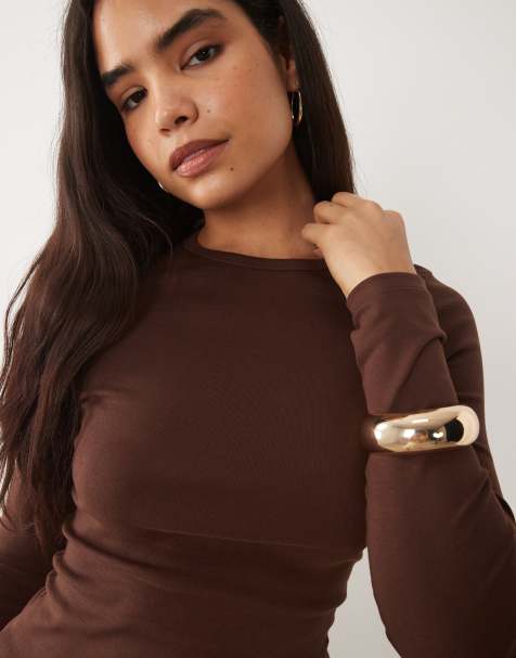 ASOS DESIGN clean fitted long sleeve top in choc - view 1