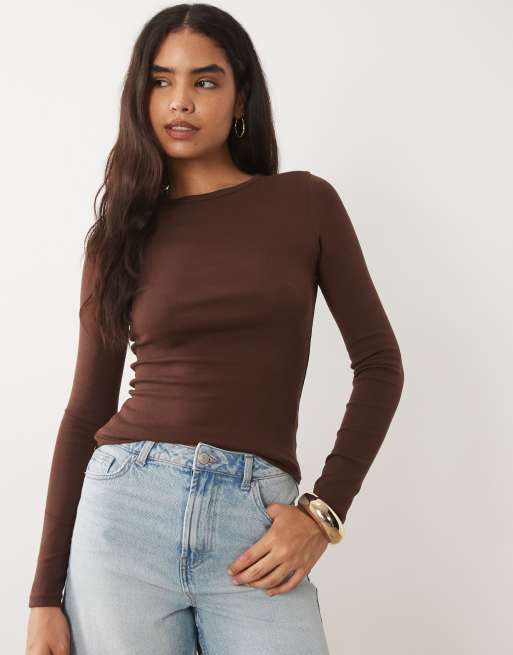 ASOS DESIGN clean fitted long sleeve top in choc, 3 of 4