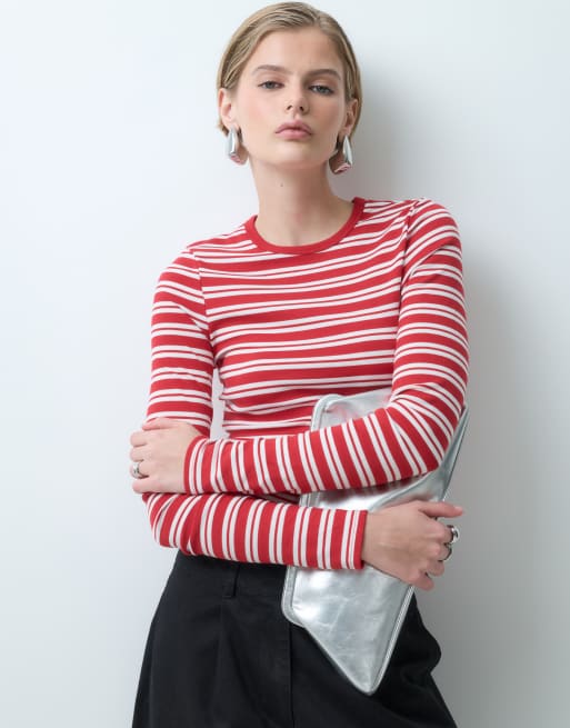 ASOS DESIGN clean fitted long sleeve top in red & white stripe, 3 of 10