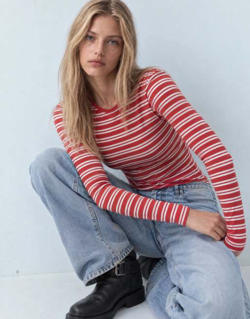 ASOS DESIGN clean fitted long sleeve top in red & white stripe, 9 of 10