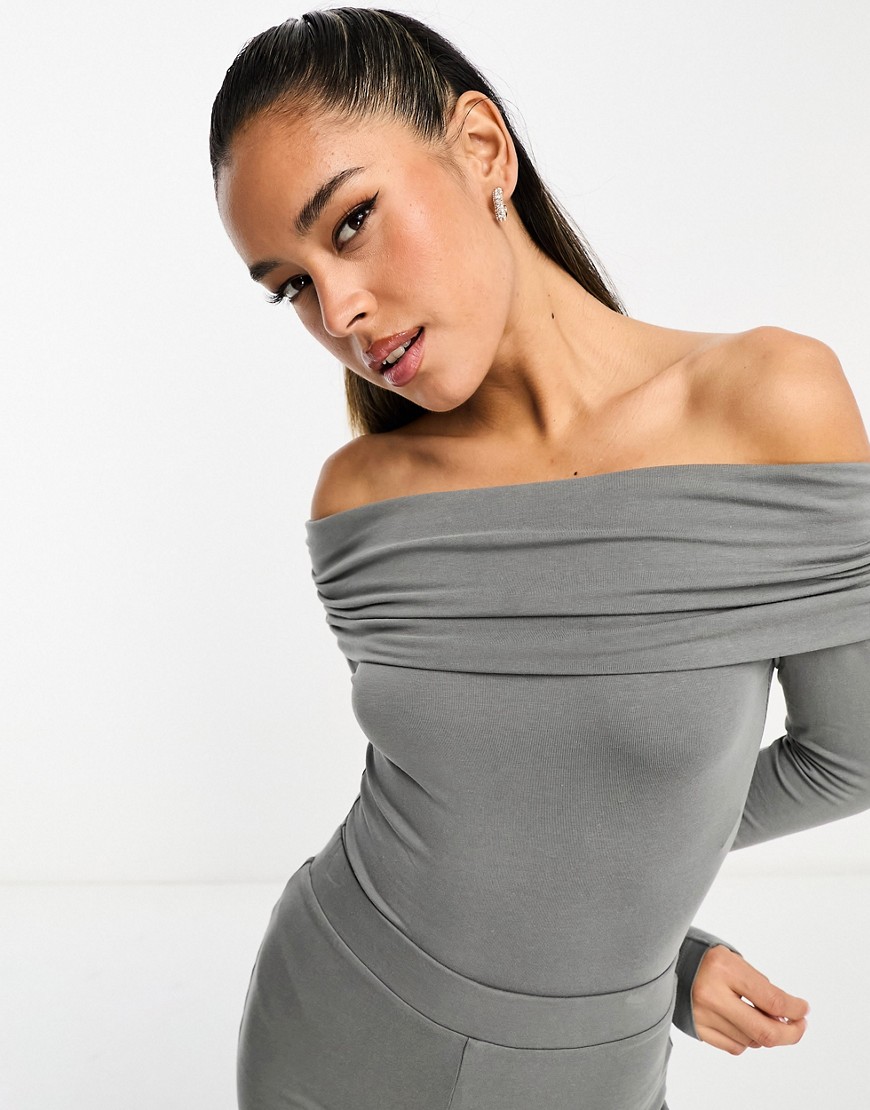 Asos Design Clean Fold Over Bardot Bodysuit In Gray