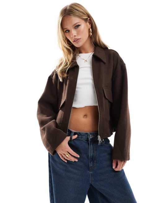 2024 Suede Brown Bomber Collared Chocolate Cropped Jacket