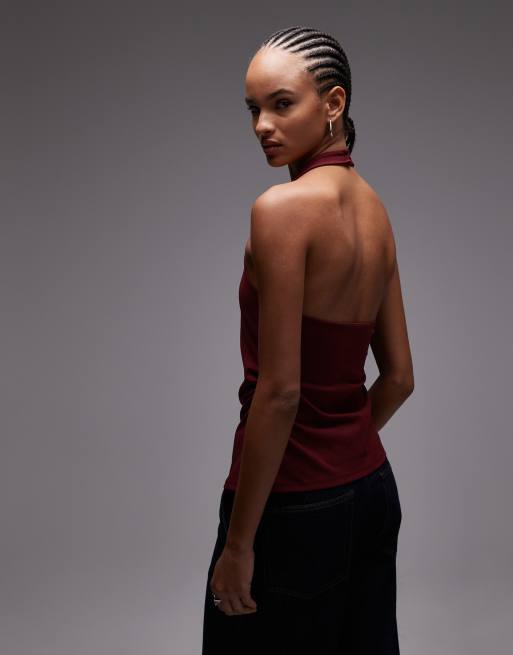 ASOS DESIGN clean halter top in burgundy (part of a set), 4 of 4