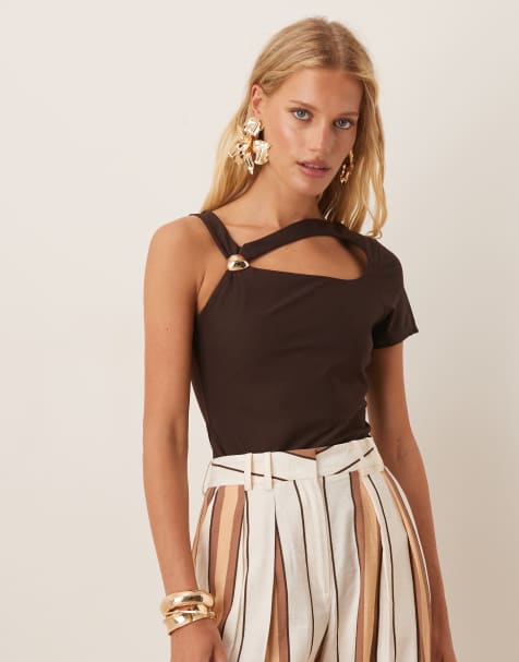 ASOS DESIGN clean hardware detail cut out bodysuit in chocolate - view 1