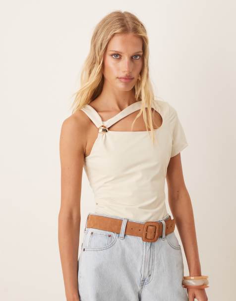ASOS DESIGN clean hardware detail cut out bodysuit in stone - view 1