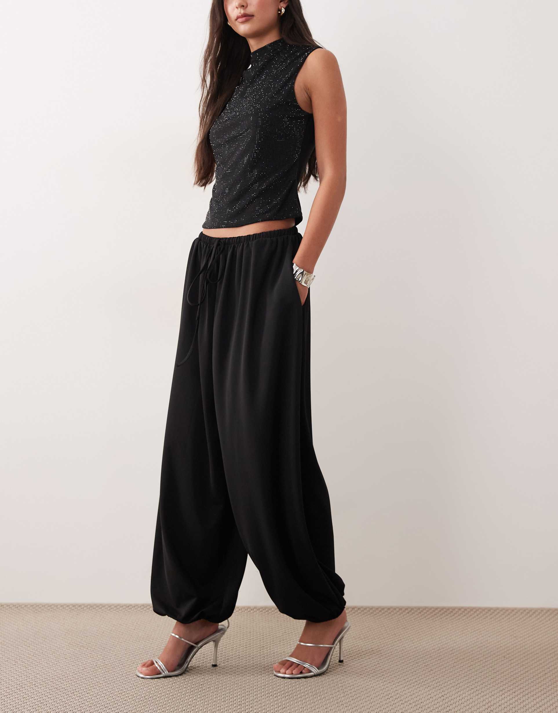 asos design clean jersey twill tie waist balloon pants in black