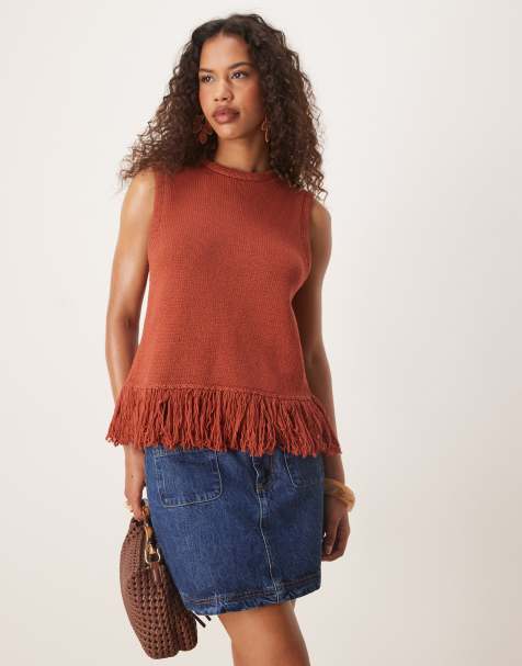 ASOS DESIGN clean knit fringed tank top in rust - view 1