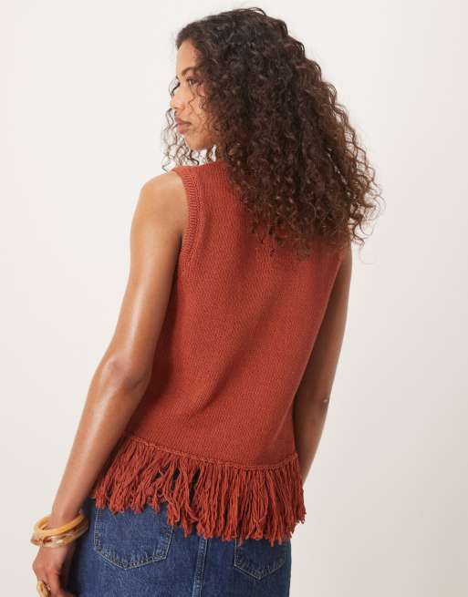 ASOS DESIGN clean knitted fringed tank in rust