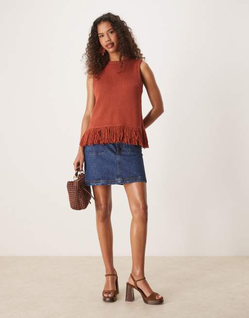 ASOS DESIGN clean knit fringed tank top in rust, 3 of 4