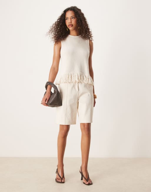 ASOS DESIGN clean knitted fringed tank in cream