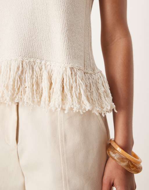 ASOS DESIGN clean knitted fringed tank in cream