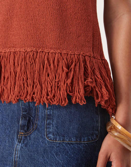 ASOS DESIGN clean knitted fringed tank in rust