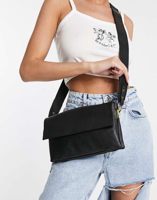 ASOS DESIGN clean leather crossbody bag with flap and detachable strap in  black