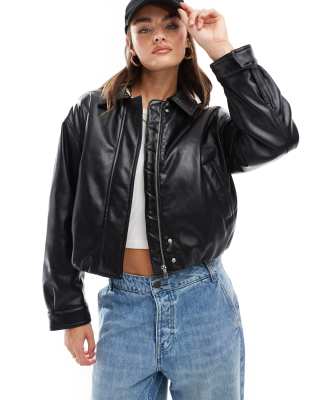 clean leather look bomber jacket in black