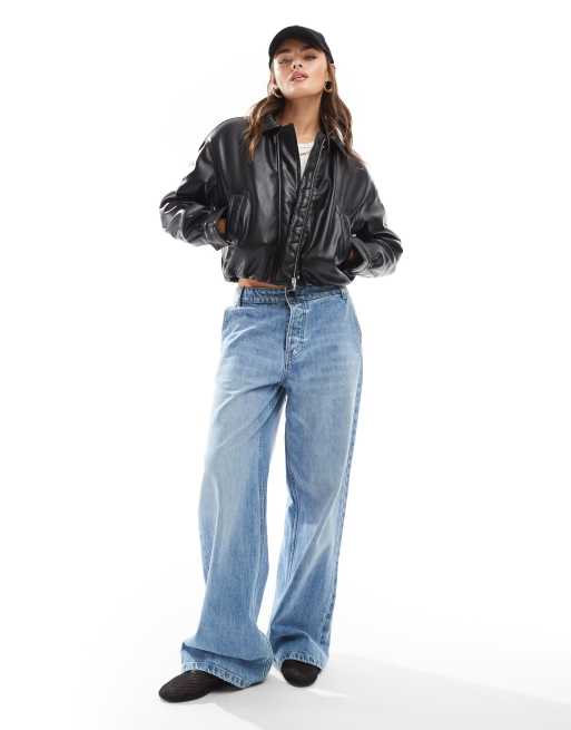 ASOS DESIGN clean leather look bomber jacket in black