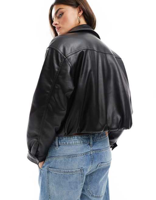 ASOS DESIGN clean leather look bomber jacket in black, 3 of 4