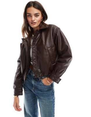 clean leather look bomber jacket in chocolate-Brown