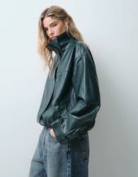 ASOS DESIGN clean leather look funnel bomber jacket in dark green