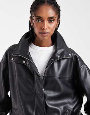 Asos Design Clean Leather Look Funnel Track Bomber Jacket In Black