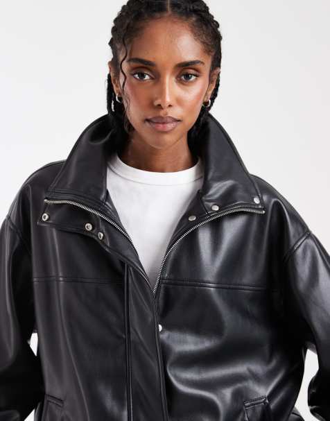 ASOS DESIGN clean leather look funnel track bomber jacket in black - view 1