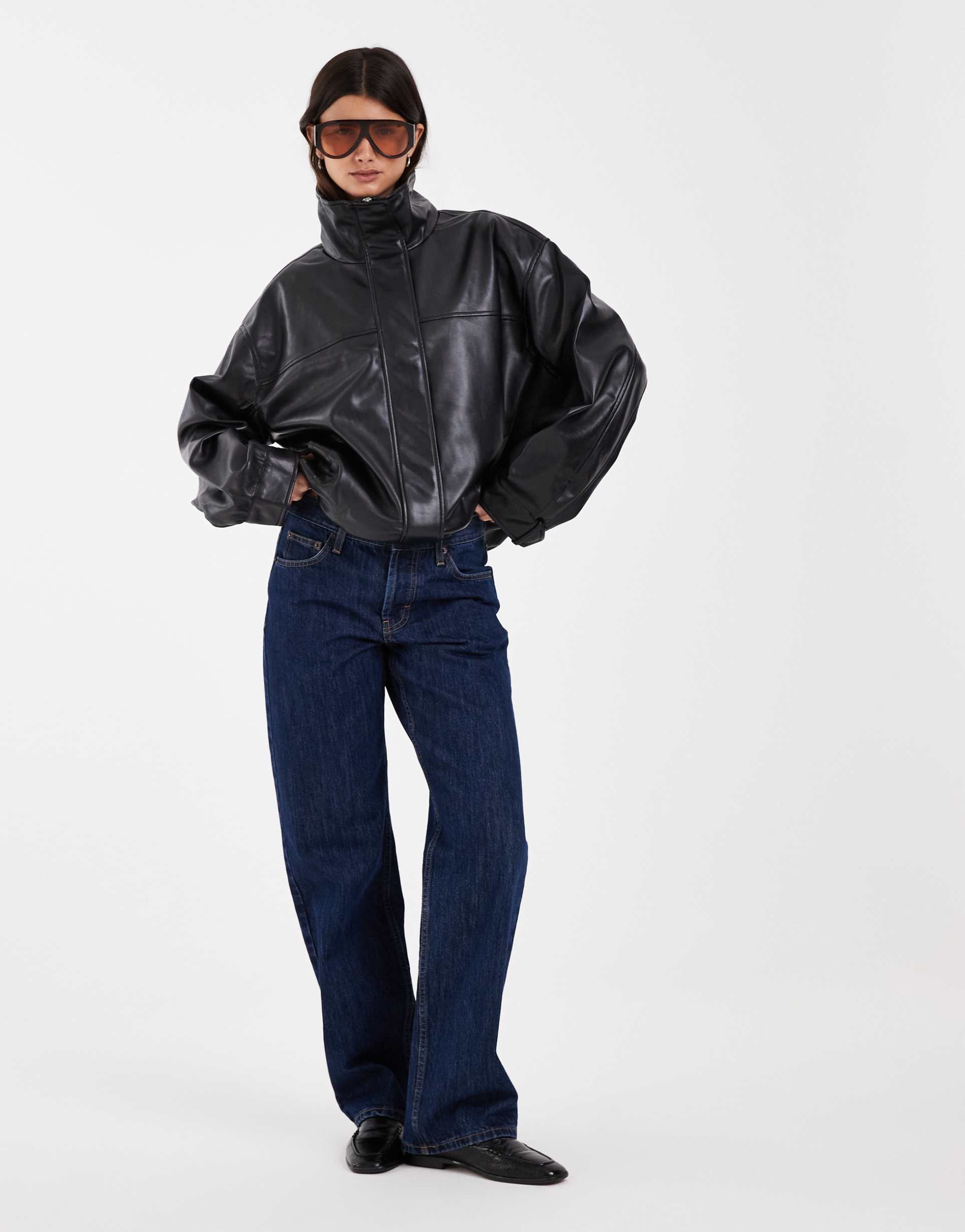 asos design clean leather look funnel track bomber jacket in black