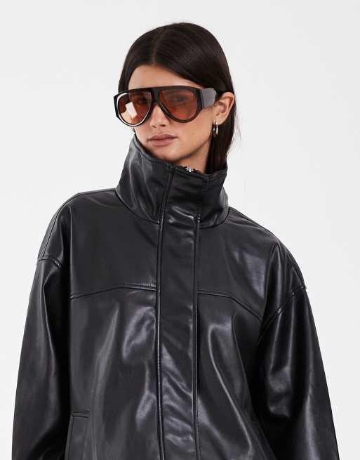 ASOS DESIGN clean leather look funnel track bomber jacket in black, 2 of 4