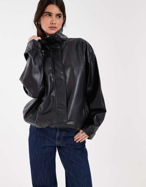 ASOS DESIGN clean leather look funnel track bomber jacket in black, 3 of 4