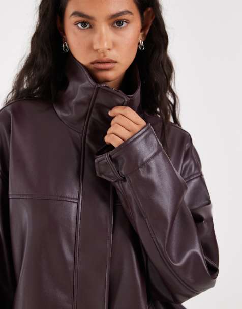 ASOS DESIGN clean leather look funnel track bomber jacket in chocolate plum - view 1