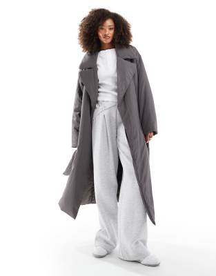 Asos Design Clean Longline Puffer Coat In Charcoal-red In Gray