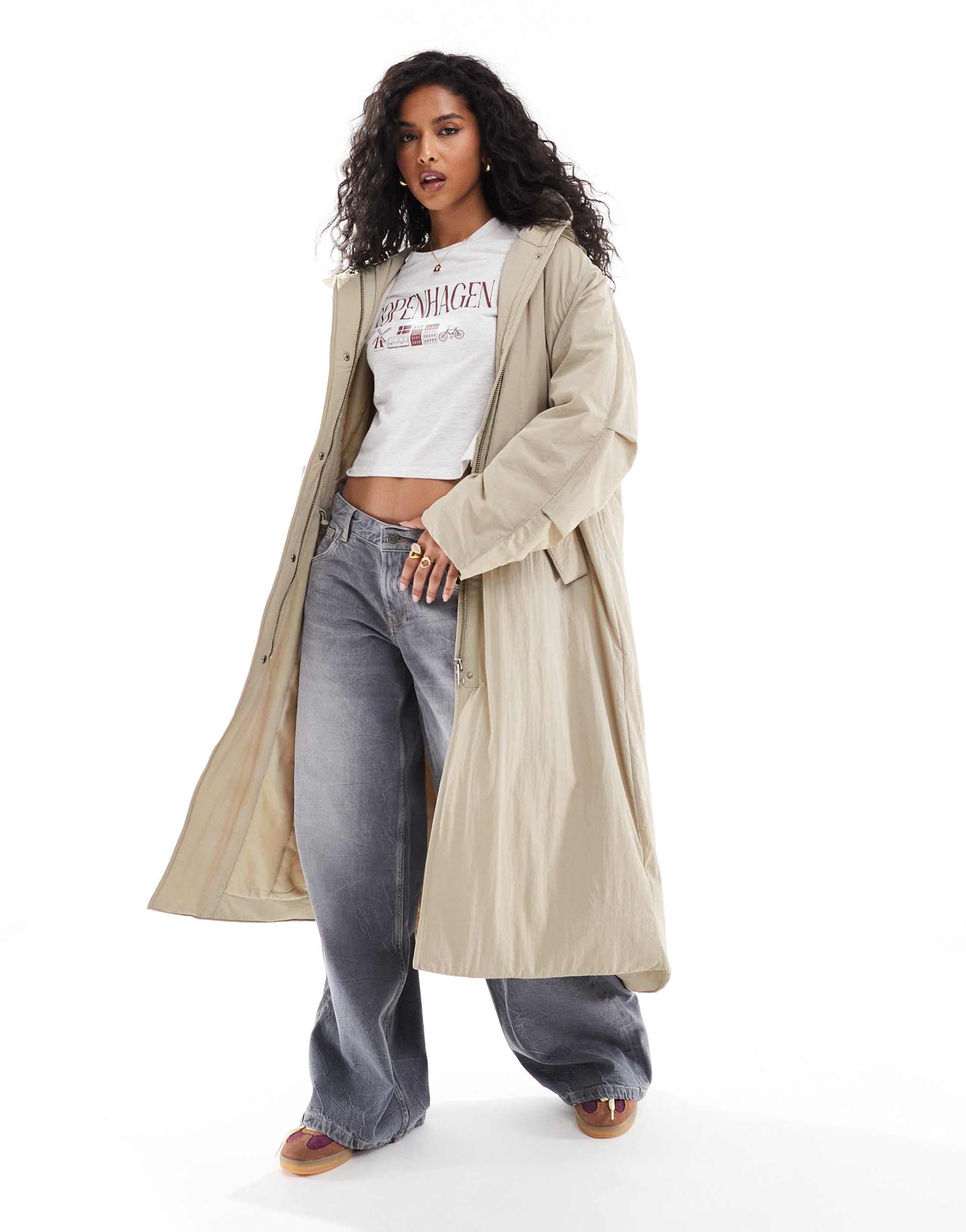 ASOS DESIGN clean longline puffer coat with hood in ice grey