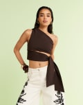 [ASOS DESIGN] ASOS DESIGN clean one-shoulder tie side top in chocolate-Brown M Chocolate