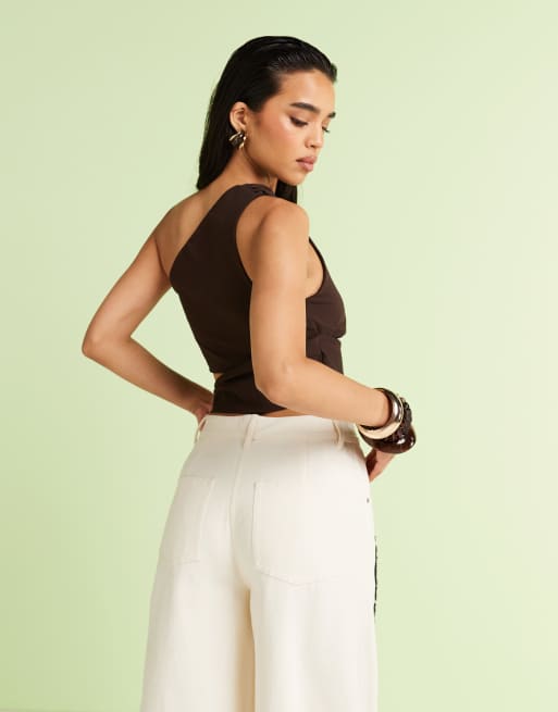 ASOS DESIGN clean one shoulder tie side top in chocolate, 4 of 4
