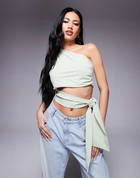 ASOS DESIGN clean one shoulder tie side top in pistachio - view 1